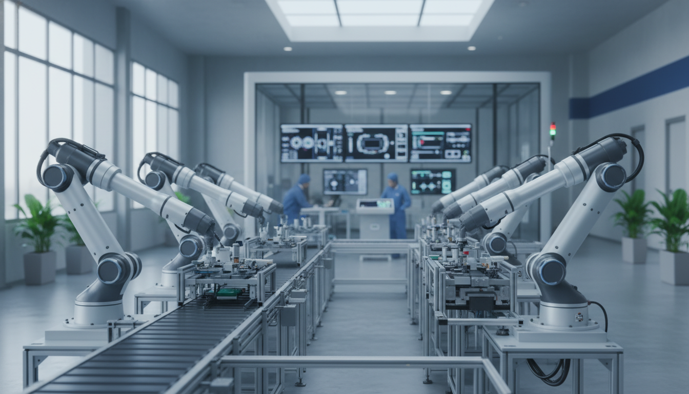 Professional high-quality photography of a modern industrial manufacturing facility or smart factory environment. Clean, sophisticated atmosphere with soft overhead lighting. Minimalist and professional industrial setting.